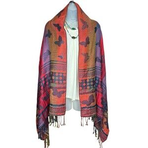 Pashmina & Silk Butterfly Shawl With Fringe Reversible Purple‎ Orange Red Boho